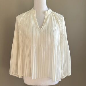 Steven Alan White Pleated V-Neck Puffy Long Sleeve Casual Top Blouse Size‎ L